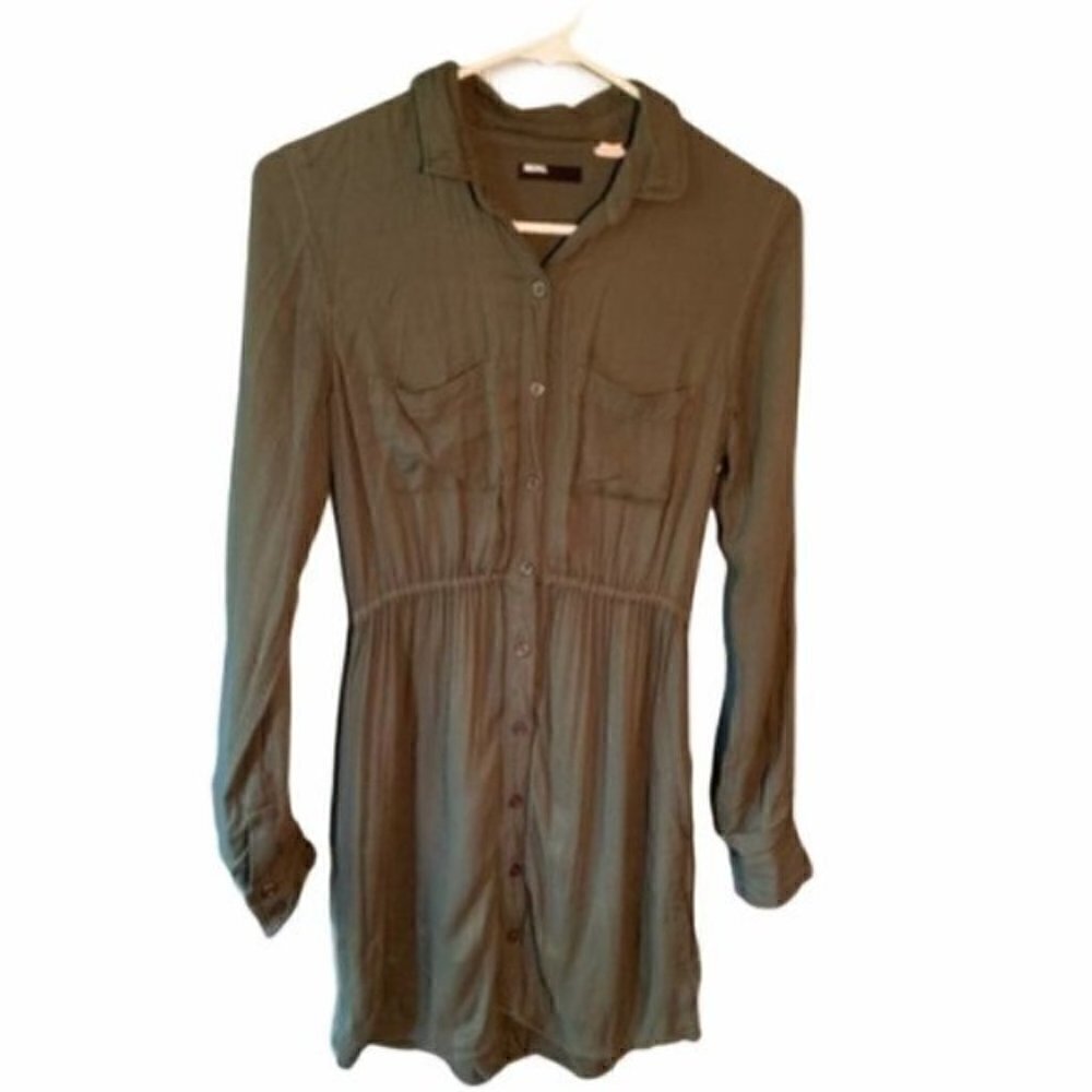 BDG Women's Size XS Shirt Dress Button Down Dark Green Roll Tab Sleeves